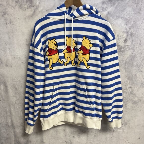 Disney Winnie The Pooh Hoodie Sweatshirt Adult M 21x25.5 Embroidered Striped - Picture 2 of 9